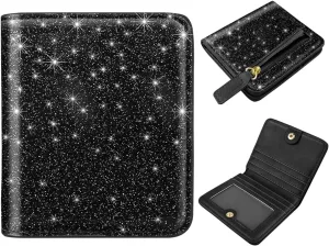RFID Blocking Small Wallet Compact Bifold Pocket Credit Card Holder Leather Coin Slot Mini Purse with ID Window for Women or Men, Glitter Black