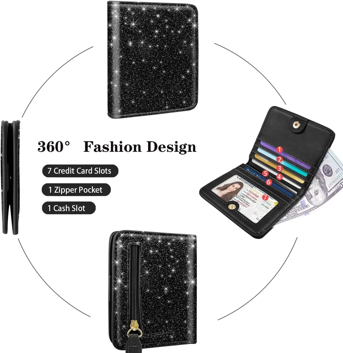 RFID Blocking Small Wallet Compact Bifold Pocket Credit Card Holder Leather Coin Slot Mini Purse with ID Window for Women or Men, Glitter Black