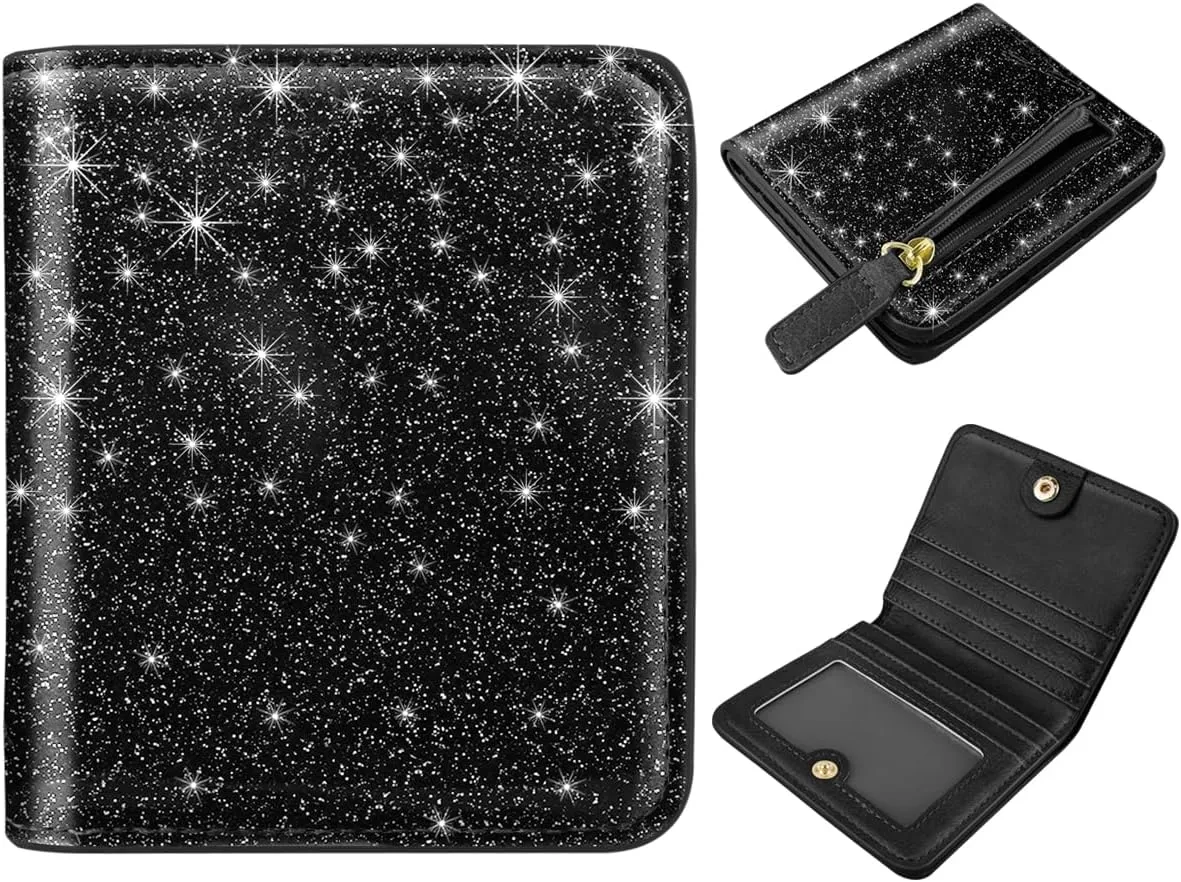 RFID Blocking Small Wallet Compact Bifold Pocket Credit Card Holder Leather Coin Slot Mini Purse with ID Window for Women or Men, Glitter Black