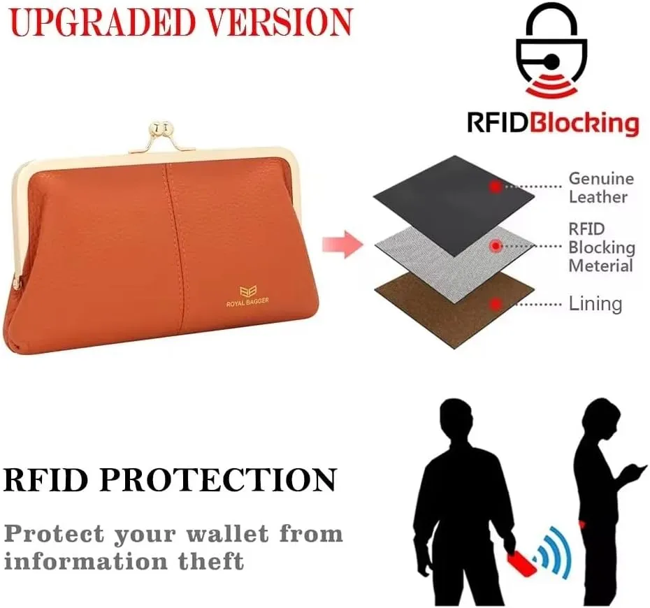 RFID Kiss Lock Wallet, Solid Color Multi-card Slots Card Holder, Genuine Leather Clutch Purses for Women 1468 (Blue)