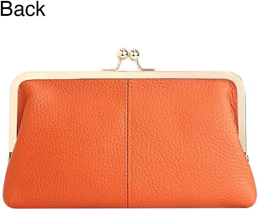 RFID Kiss Lock Wallet, Solid Color Multi-card Slots Card Holder, Genuine Leather Clutch Purses for Women 1468 (Blue)