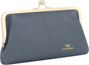 RFID Kiss Lock Wallet, Solid Color Multi-card Slots Card Holder, Genuine Leather Clutch Purses for Women 1468 (Blue)