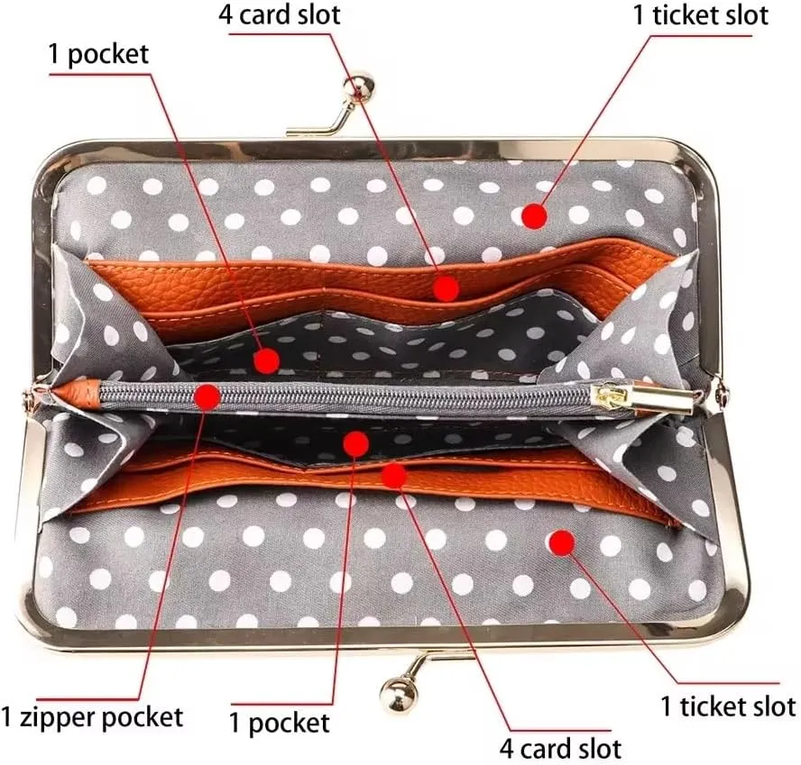 RFID Kiss Lock Wallet, Solid Color Multi-card Slots Card Holder, Genuine Leather Clutch Purses for Women 1468 (Blue)