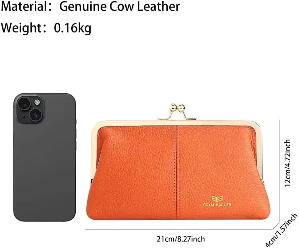 RFID Kiss Lock Wallet, Solid Color Multi-card Slots Card Holder, Genuine Leather Clutch Purses for Women 1468 (Blue)