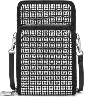 Rhinestone Double Pocket Crossbody Shoulder Bag, Cell Phone Purse, Evening Bag