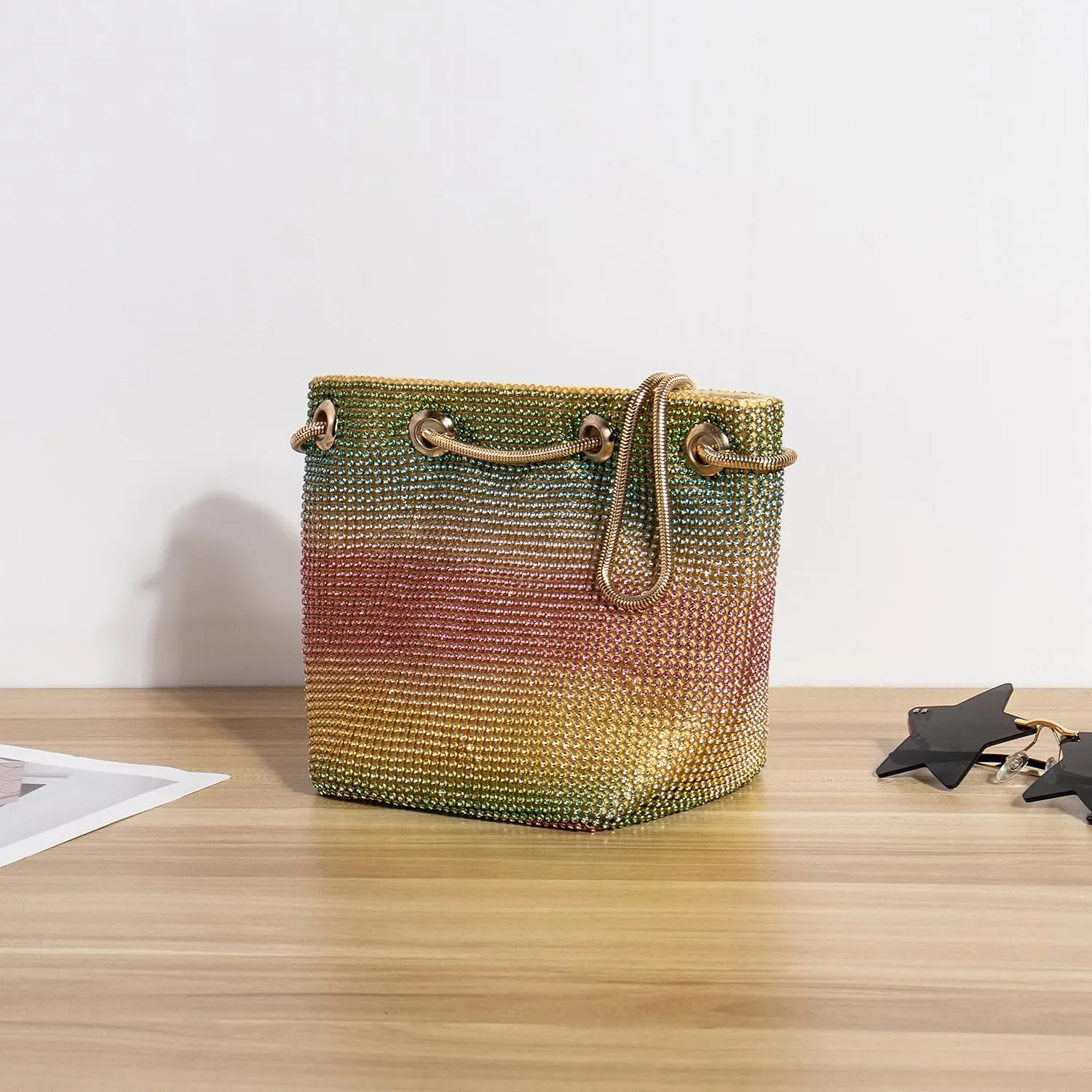 Rhinestones Bucket Bag Women Evening Party Clutch Bag Crossbody Shoulder Purse with Detachable Chain Strap
