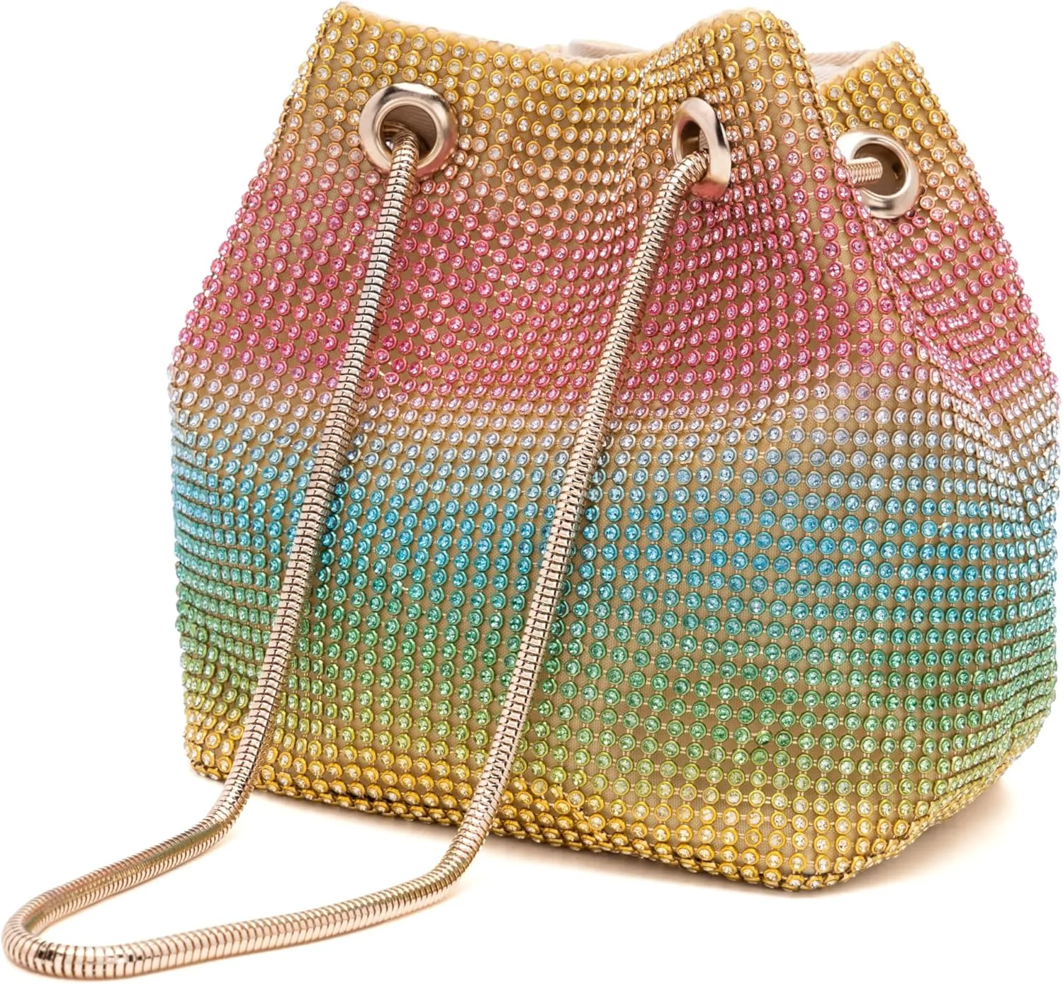 Rhinestones Bucket Bag Women Evening Party Clutch Bag Crossbody Shoulder Purse with Detachable Chain Strap