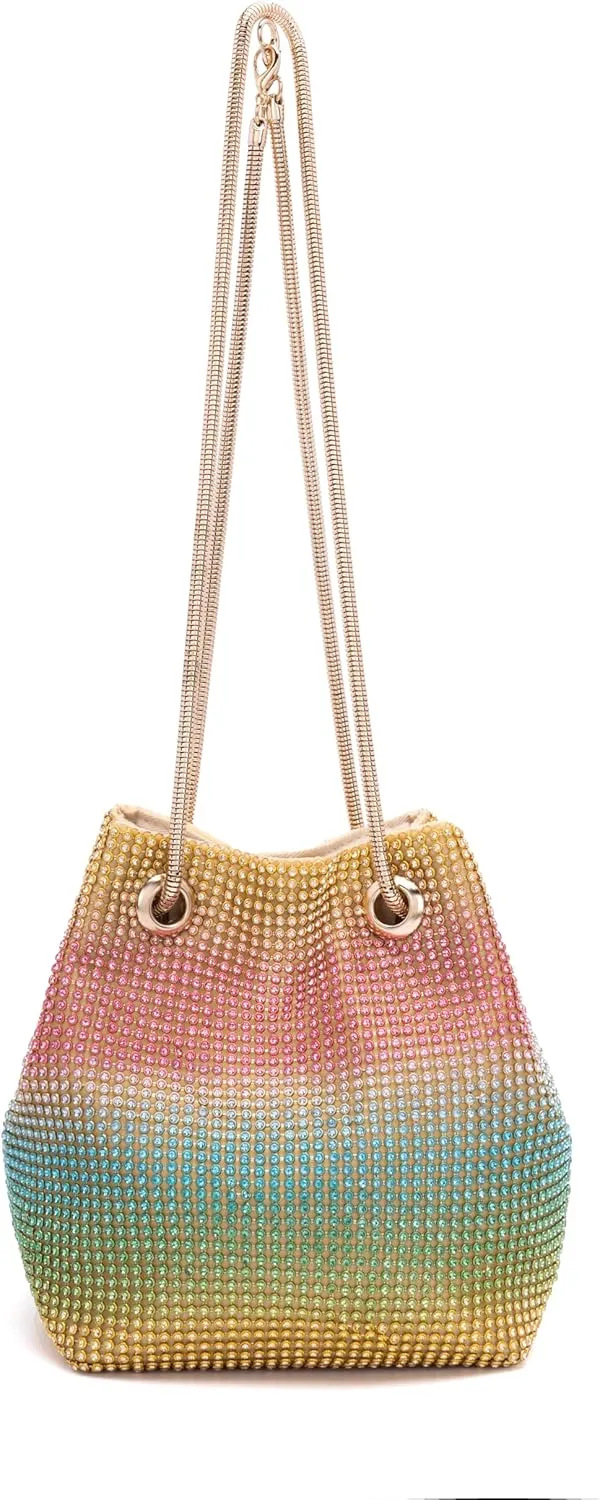 Rhinestones Bucket Bag Women Evening Party Clutch Bag Crossbody Shoulder Purse with Detachable Chain Strap