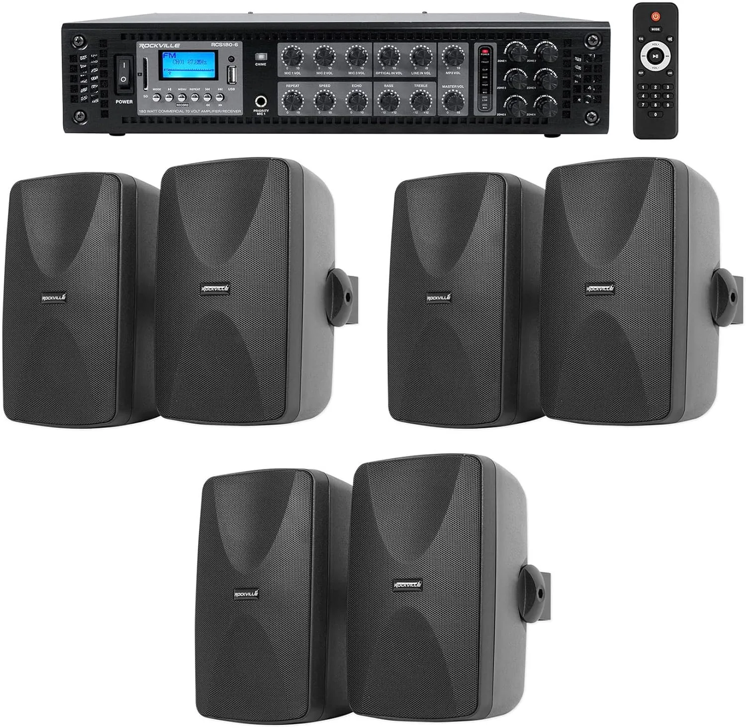 Rockville (6) 5.25" Black Commercial 70v Wall Speakers Amp for Restaurant/Office/Cafe/Bar