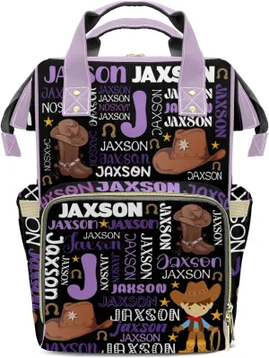 Rodeo Cowboy Purple Black Personalized Large Capacity Diaper Bags,Custom Name Backpack Casual Daypack Bag Nappy Bag Gifts