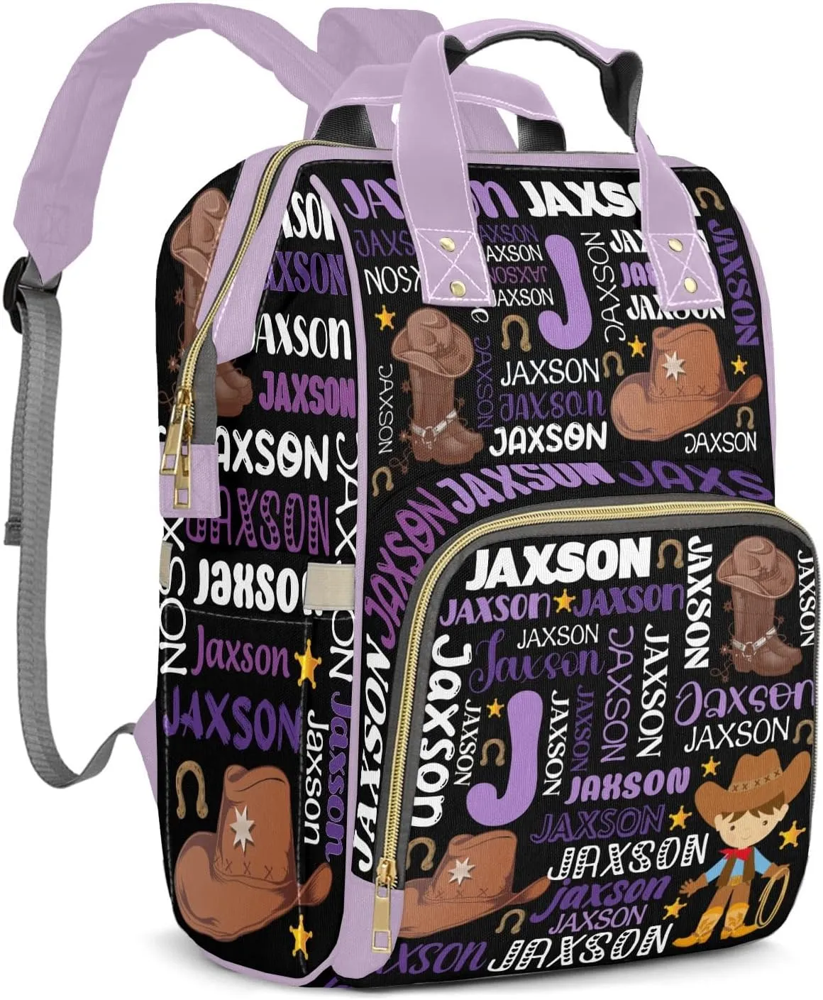 Rodeo Cowboy Purple Black Personalized Large Capacity Diaper Bags,Custom Name Backpack Casual Daypack Bag Nappy Bag Gifts