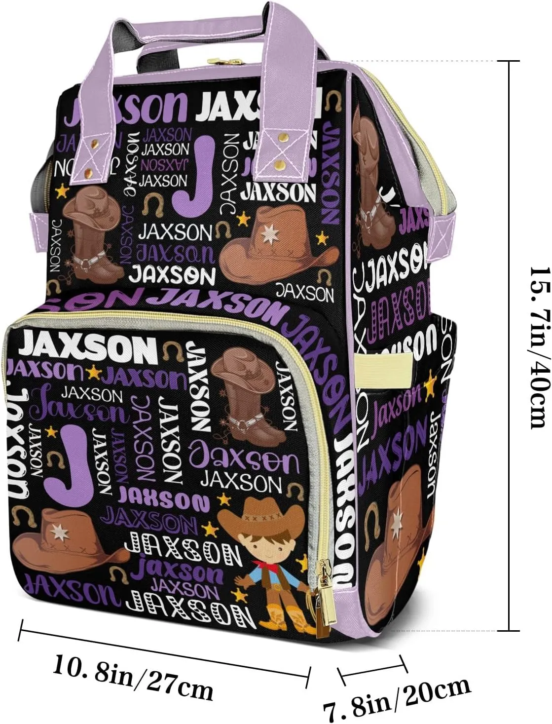 Rodeo Cowboy Purple Black Personalized Large Capacity Diaper Bags,Custom Name Backpack Casual Daypack Bag Nappy Bag Gifts