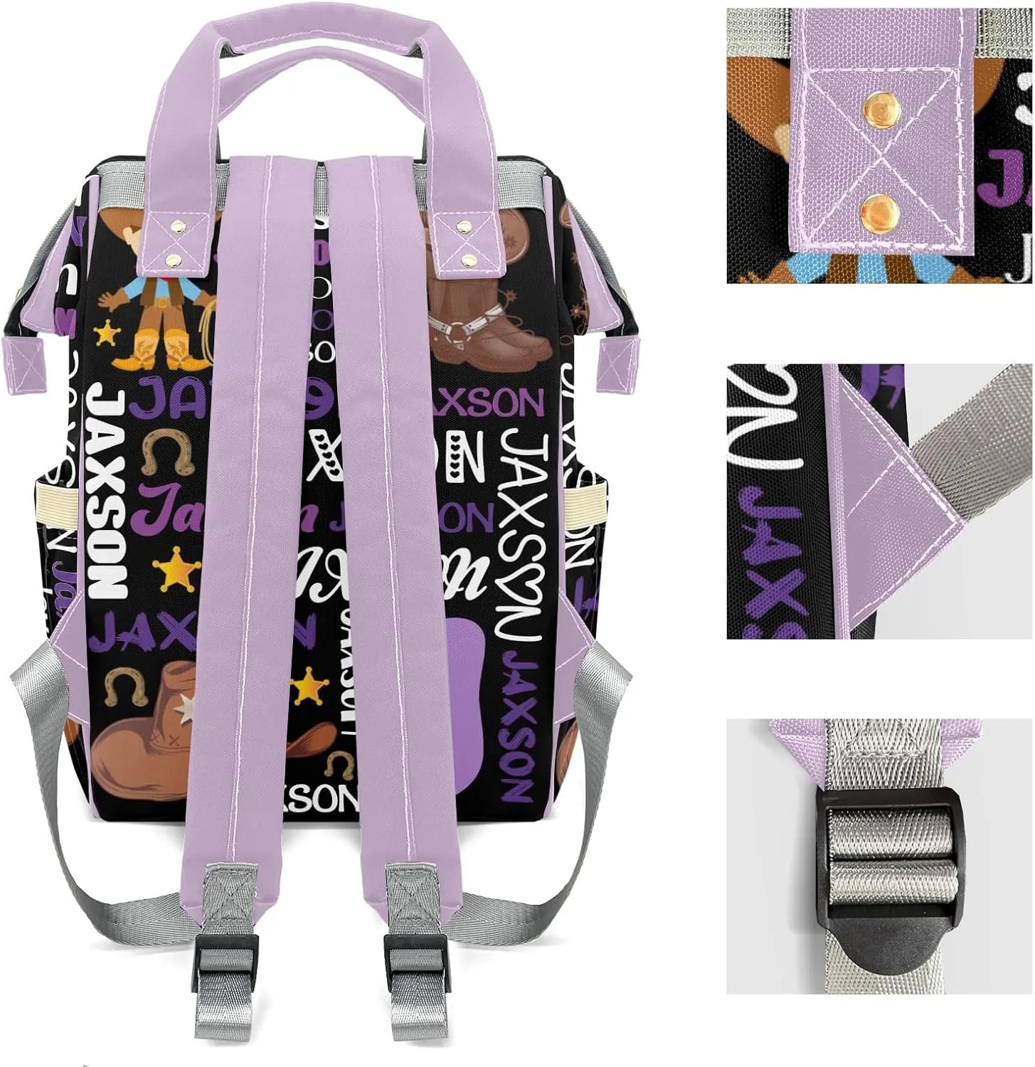 Rodeo Cowboy Purple Black Personalized Large Capacity Diaper Bags,Custom Name Backpack Casual Daypack Bag Nappy Bag Gifts