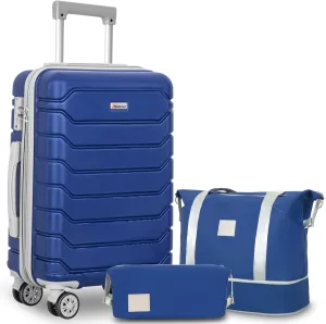 Romswi 3 Pcs Carry On Luggage Sets,20'' Lightweight PC ABS Hardshell Luggage with TSA Lock 8 Spinner Wheels, Durable Suitcase Sets with Duffel Bag,Navy
