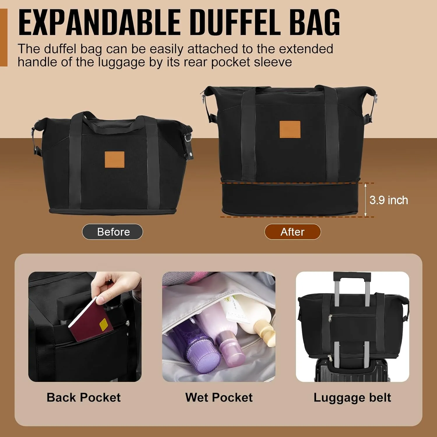 Romswi 5-Piece Luggage Set with Cup Holder TSA Lock, 20" 24" 28" Hardside Spinner Suitcase with Duffel Bag, Lightweight Durable PC ABS Black Travel Luggage