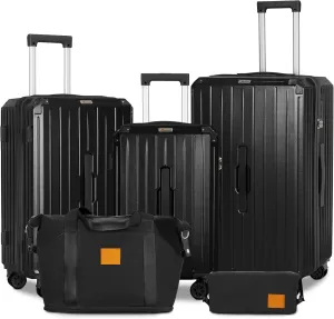 Romswi 5-Piece Luggage Set with Cup Holder TSA Lock, 20" 24" 28" Hardside Spinner Suitcase with Duffel Bag, Lightweight Durable PC ABS Black Travel Luggage