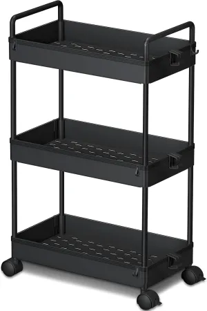 Ronlap 3 Tier Slim Rolling Storage Cart with Wheels Plastic Utility Cart Organizer for Snack Craft Art Postpartum Baby Diaper Nail Makeup in Bathroom Laundry Room Kitchen Bedside Narrow Space, Black