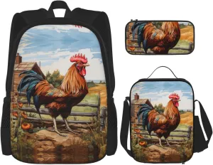 Rooster On Wood In Farmland Print Travel Bag Adjustable Shoulder Straps Lunch Bag Pencil Case Large Capacity Bag