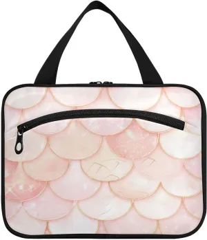 Rose Gold Fish Scale Sparkling hanging cosmetic travel bag with hook, designer portable bags with zipper for accessories for women toilet bolso de maquillaje para mujer L