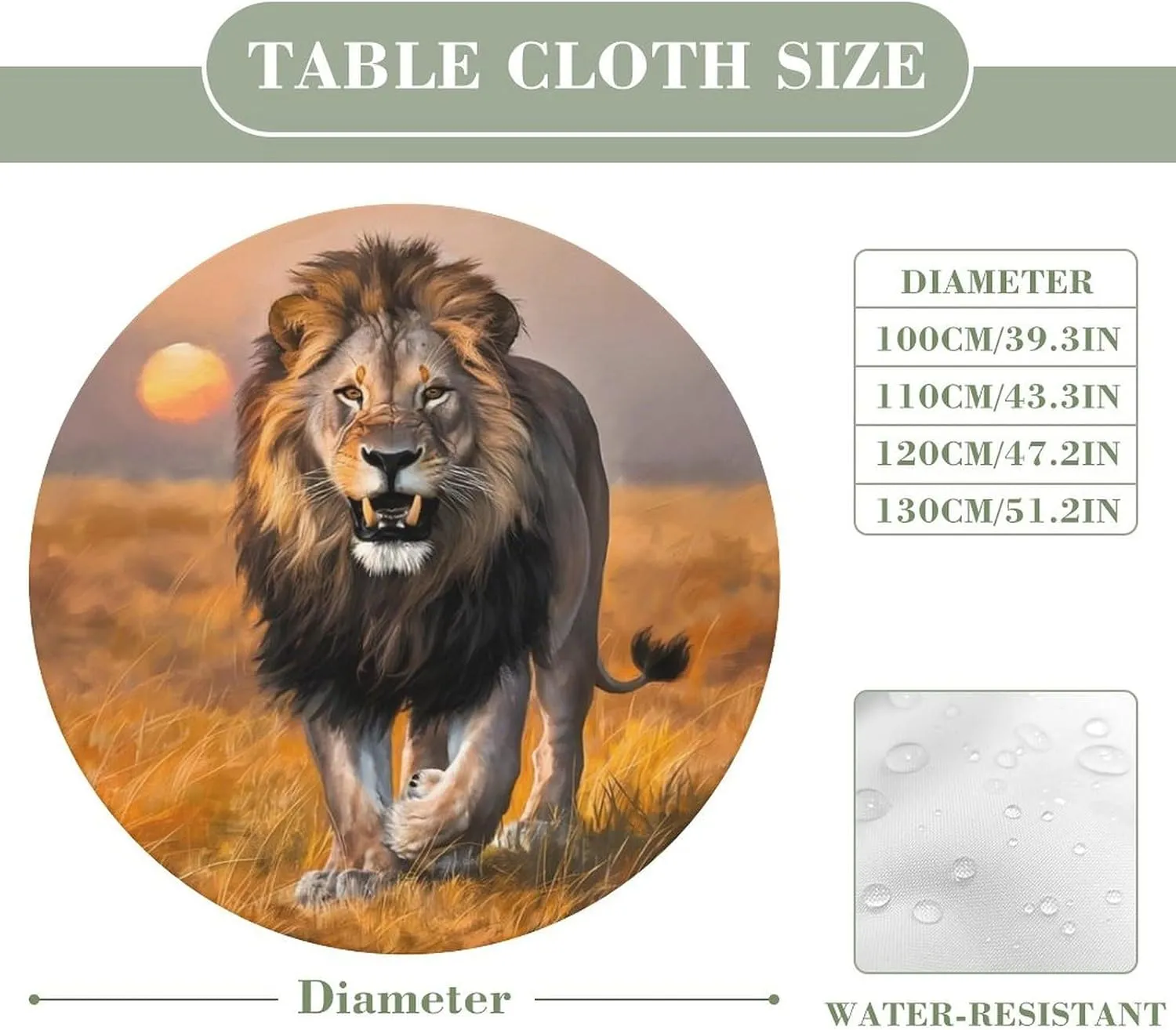 Round Fitted Tablecloth with Elastic Edge, Lion Grassland Sunset Round Outdoor Tablecloth Picnic Table Cover, Oil-Proof Vinyl Elastic Round Tablecloth for Kitchen Dining (47 Inch)
