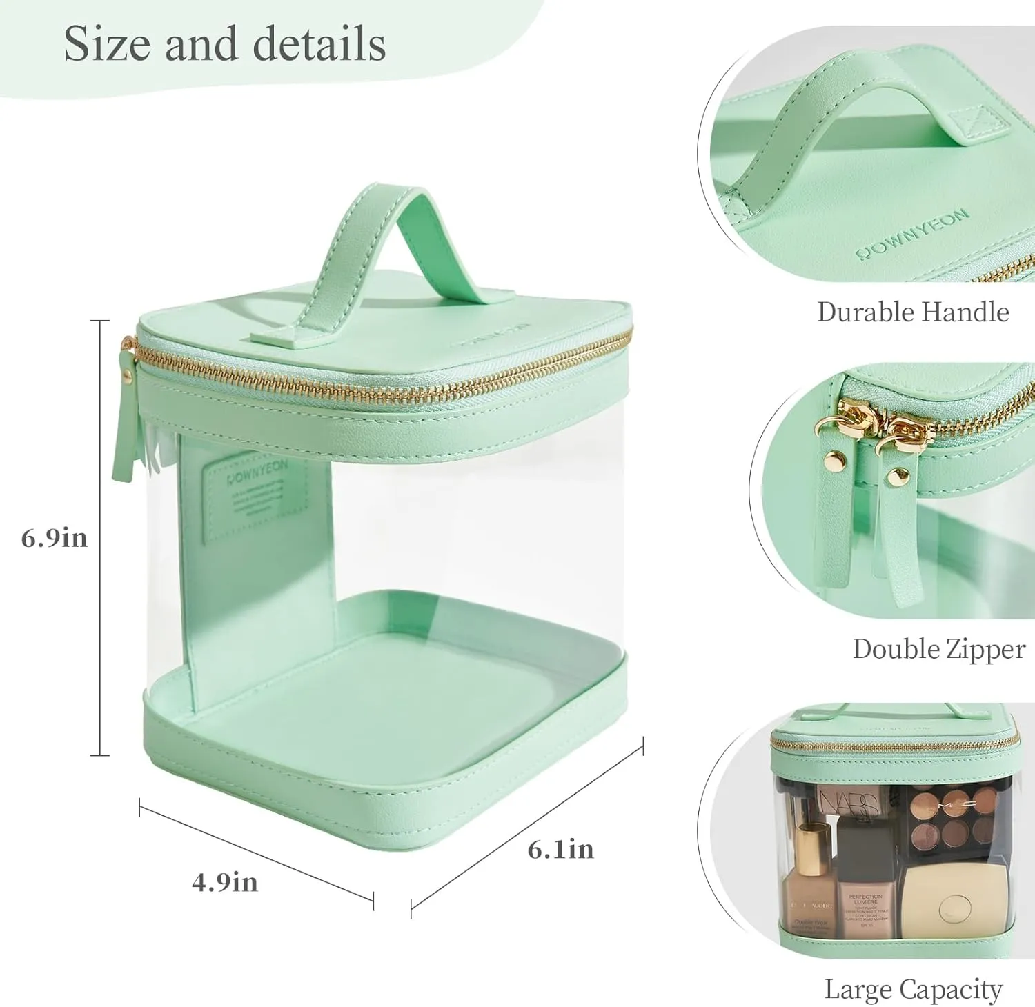 ROWNYEON Large CLear Travel Makeup Bag for Women，Transparent Cosmetic Bag with Handle，Portable Makeup Case Organizer，Waterproof Toiletry Organizer Train Case