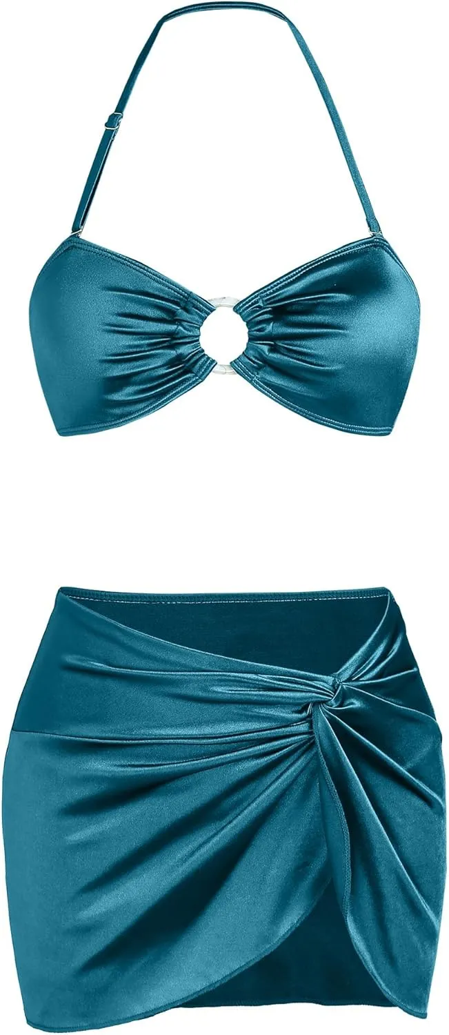 Ruched 3 Piece Swimsuits for Women Ribbed Velvet Bikini Sets with Sarong Coverup Metal Ring Bathing Suit