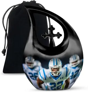 Rugby Player Ashes Urn for Women and Men - Sports Black Large Cross Drop Funeral Urn for Mom and Ashes Burial with Velvet Bag 10 Inch - Cremation Memorial Urns for Ash