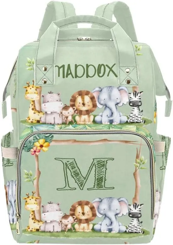 Safari Forest Animals Monograms Personalized Diaper Bag Backpack with Name,Custom Tote Bag Travel DayPack for Nappy Mommy Baby Boy Girl