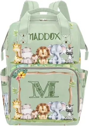 Safari Forest Animals Monograms Personalized Diaper Bag Backpack with Name,Custom Tote Bag Travel DayPack for Nappy Mommy Baby Boy Girl