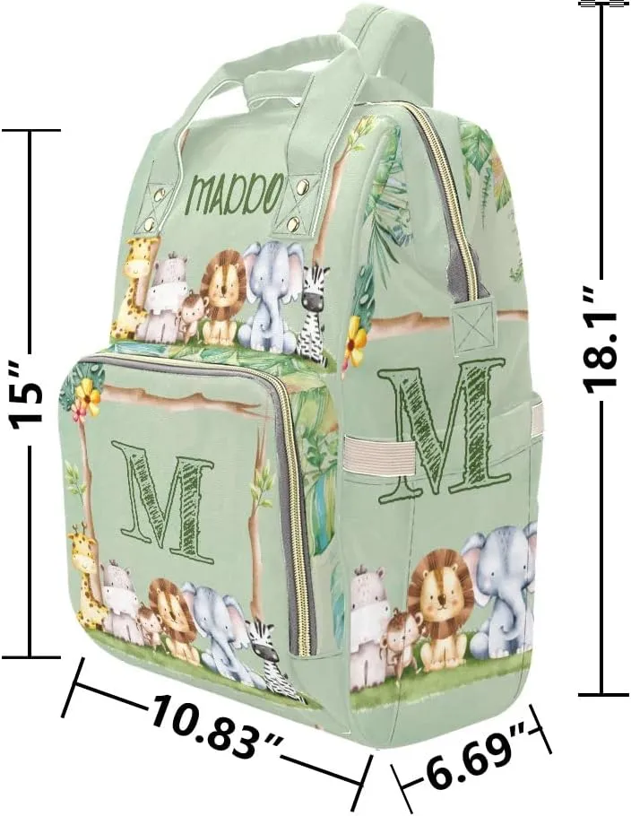 Safari Forest Animals Monograms Personalized Diaper Bag Backpack with Name,Custom Tote Bag Travel DayPack for Nappy Mommy Baby Boy Girl