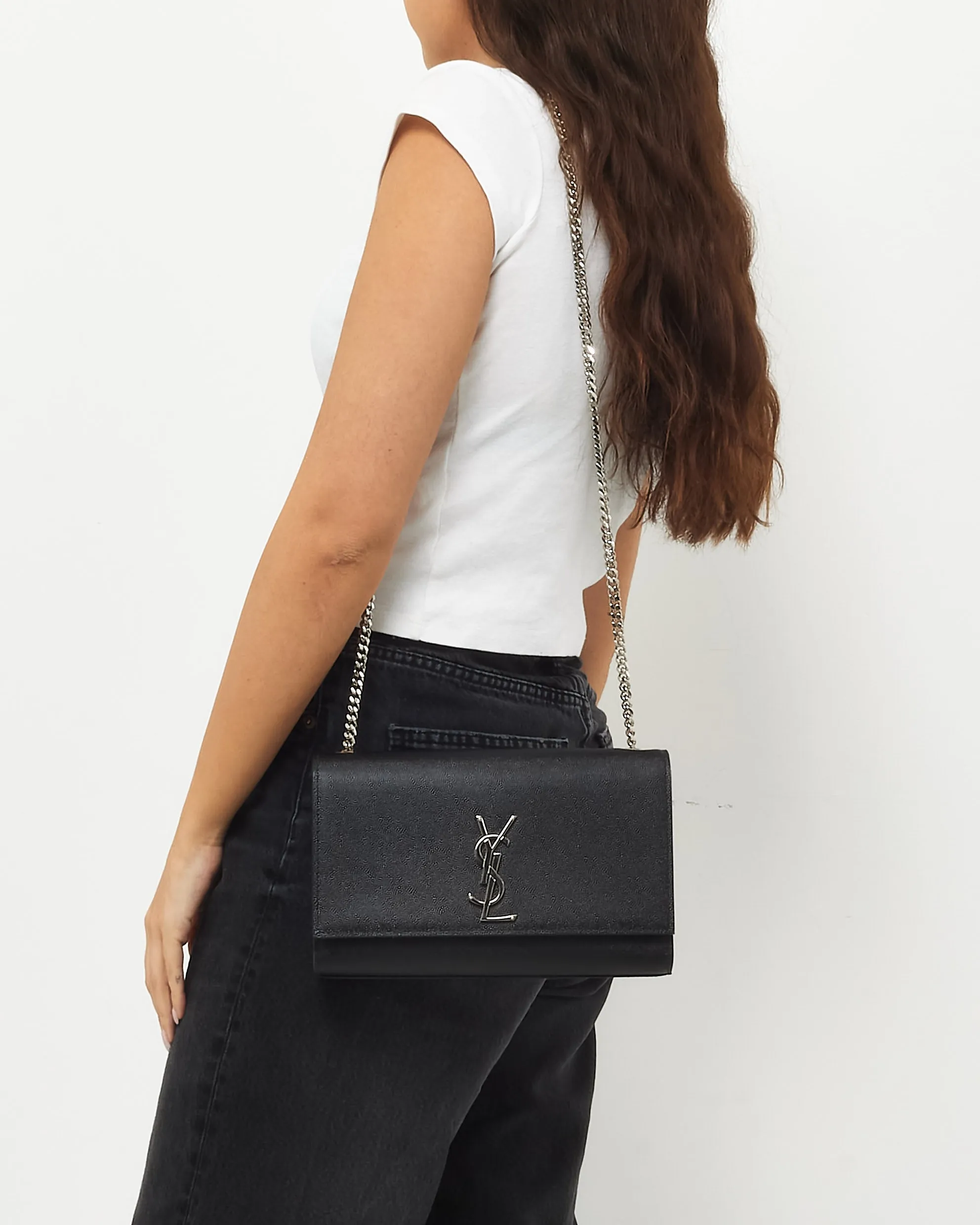 Saint Laurent Black Grain De Poudre Medium YSL Kate Crossbody Bag SHW