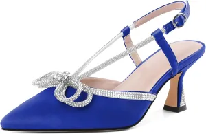 SAMMITOP Women's Slingback Rhinstone Bow Heels Low Kitten Heel Double Bow Pumps Pointed Toe Adjustable Ankle Strap Sparkly Prom Wedding Dress Shoes 2.5 Inch