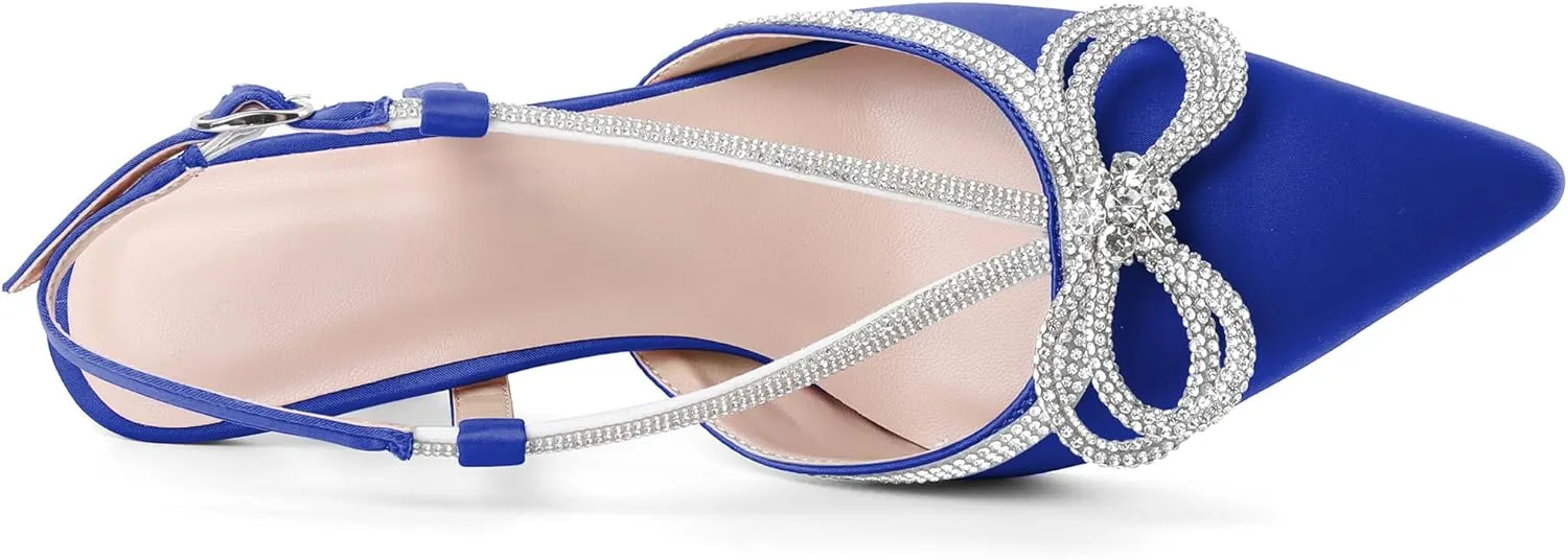 SAMMITOP Women's Slingback Rhinstone Bow Heels Low Kitten Heel Double Bow Pumps Pointed Toe Adjustable Ankle Strap Sparkly Prom Wedding Dress Shoes 2.5 Inch