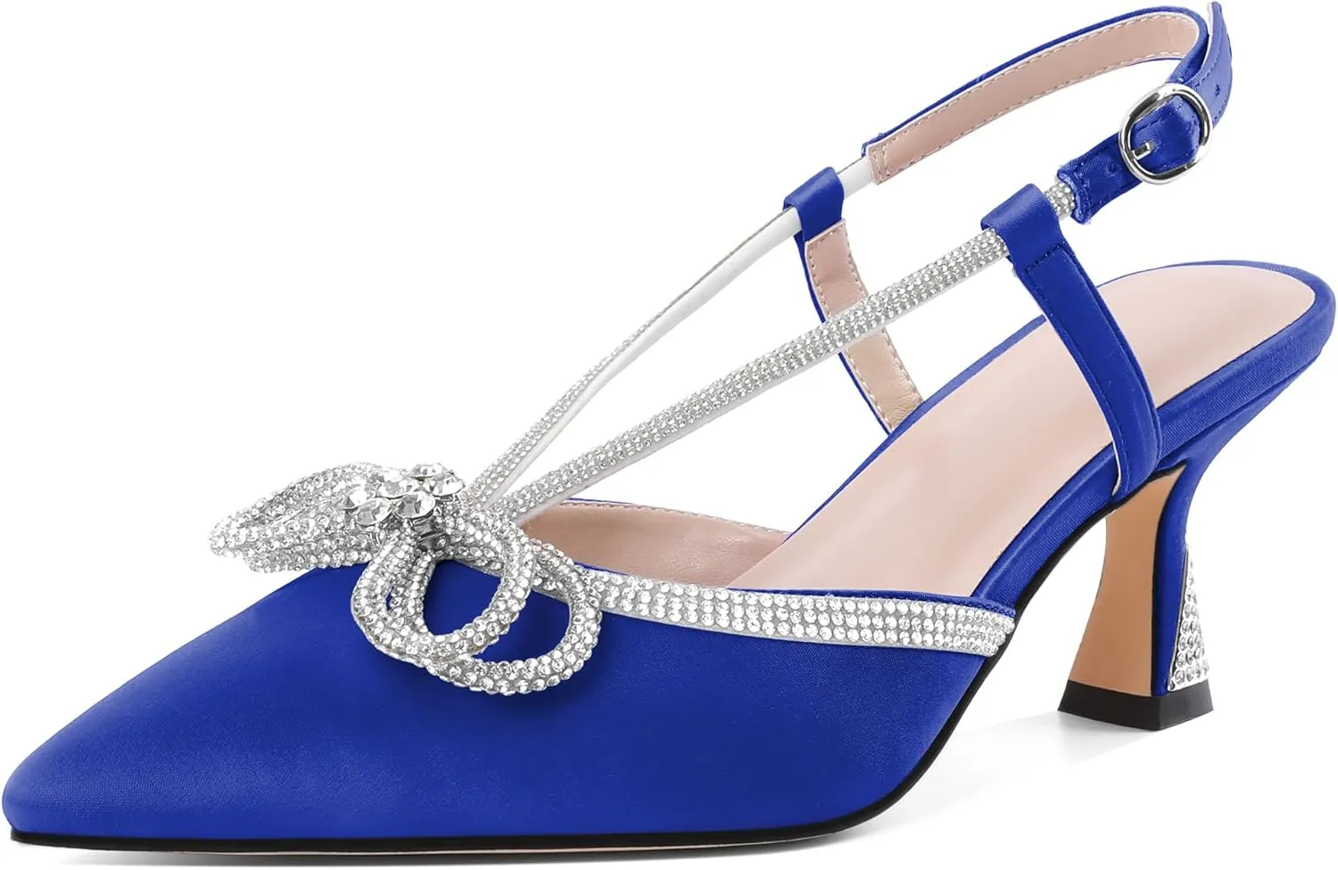 SAMMITOP Women's Slingback Rhinstone Bow Heels Low Kitten Heel Double Bow Pumps Pointed Toe Adjustable Ankle Strap Sparkly Prom Wedding Dress Shoes 2.5 Inch
