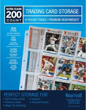 Samsill 200 Pack 9 Pocket Trading Card Sleeves, Holds 1800 Cards,Clear, Fits in Standard 3 Ring Binder