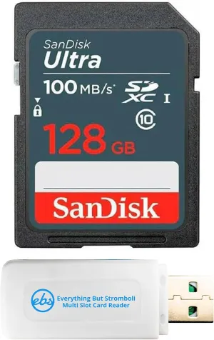 SanDisk 128GB UHS-I Ultra Memory Card SDXC Class 10 Card SDSDUNR-128G-GN3IN - Bundle with 1 Everything But Stromboli SD & MicroSD Memory Card Reader