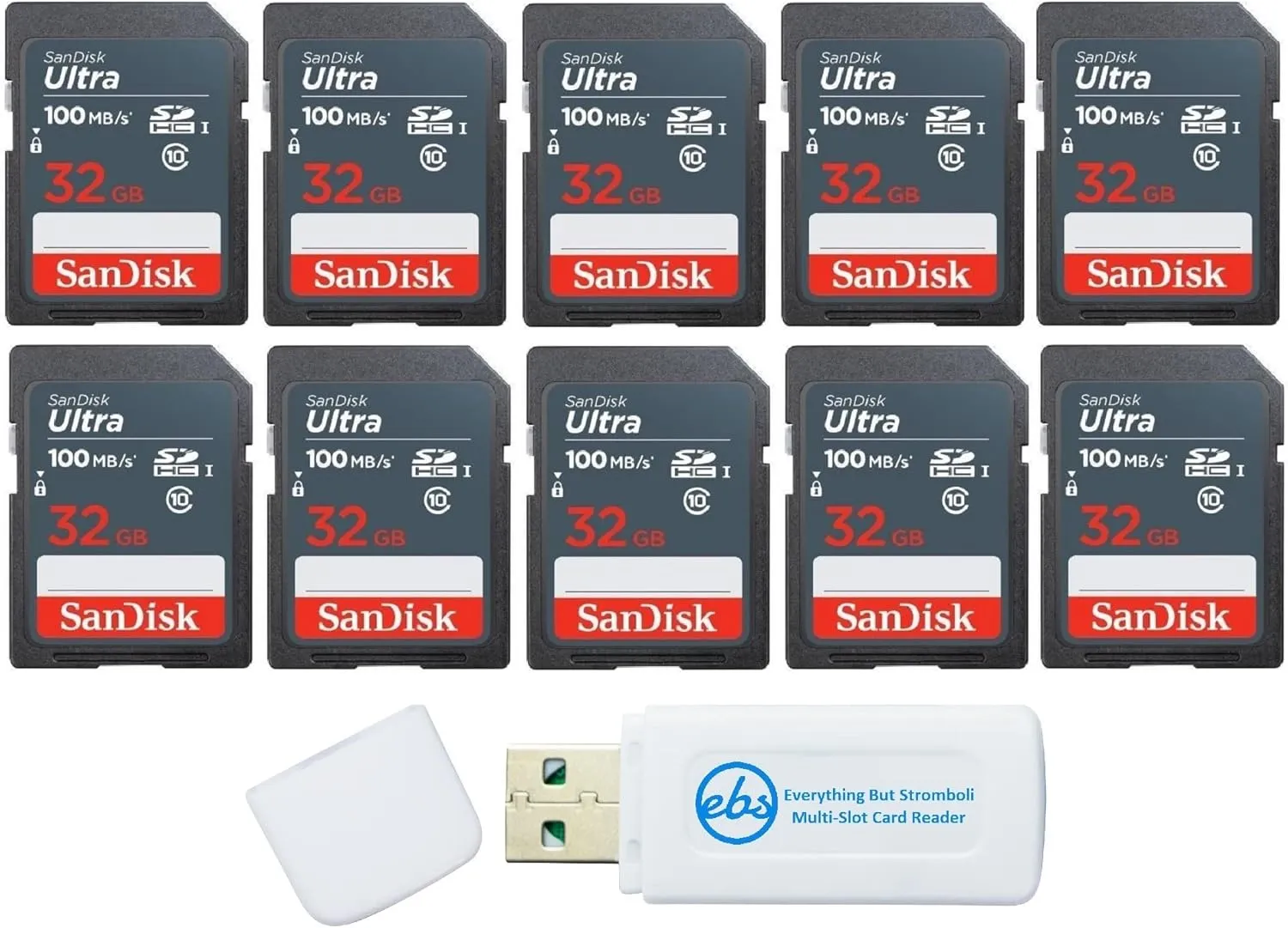 SanDisk 32GB Ultra SD Memory Card (10 Pack) SDHC UHS-I Card 100 MB/s Class 10 (SDSDUNR-032G-GN3IN) Bundle with (1) Everything But Stromboli SD/Micro Card Reader