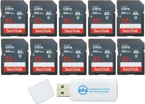 SanDisk 32GB Ultra SD Memory Card (10 Pack) SDHC UHS-I Card 100 MB/s Class 10 (SDSDUNR-032G-GN3IN) Bundle with (1) Everything But Stromboli SD/Micro Card Reader