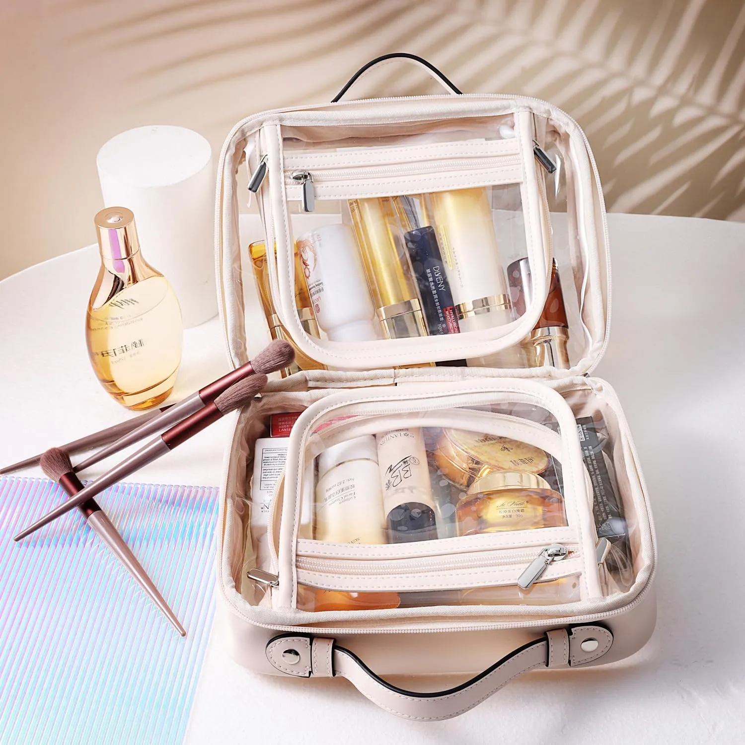 SANHECUN traveling toiletry Case large clear cosmetics case makeup bag Dimensions | LxWxH:10” x 4.5” x 8”(Beige, Medium)
