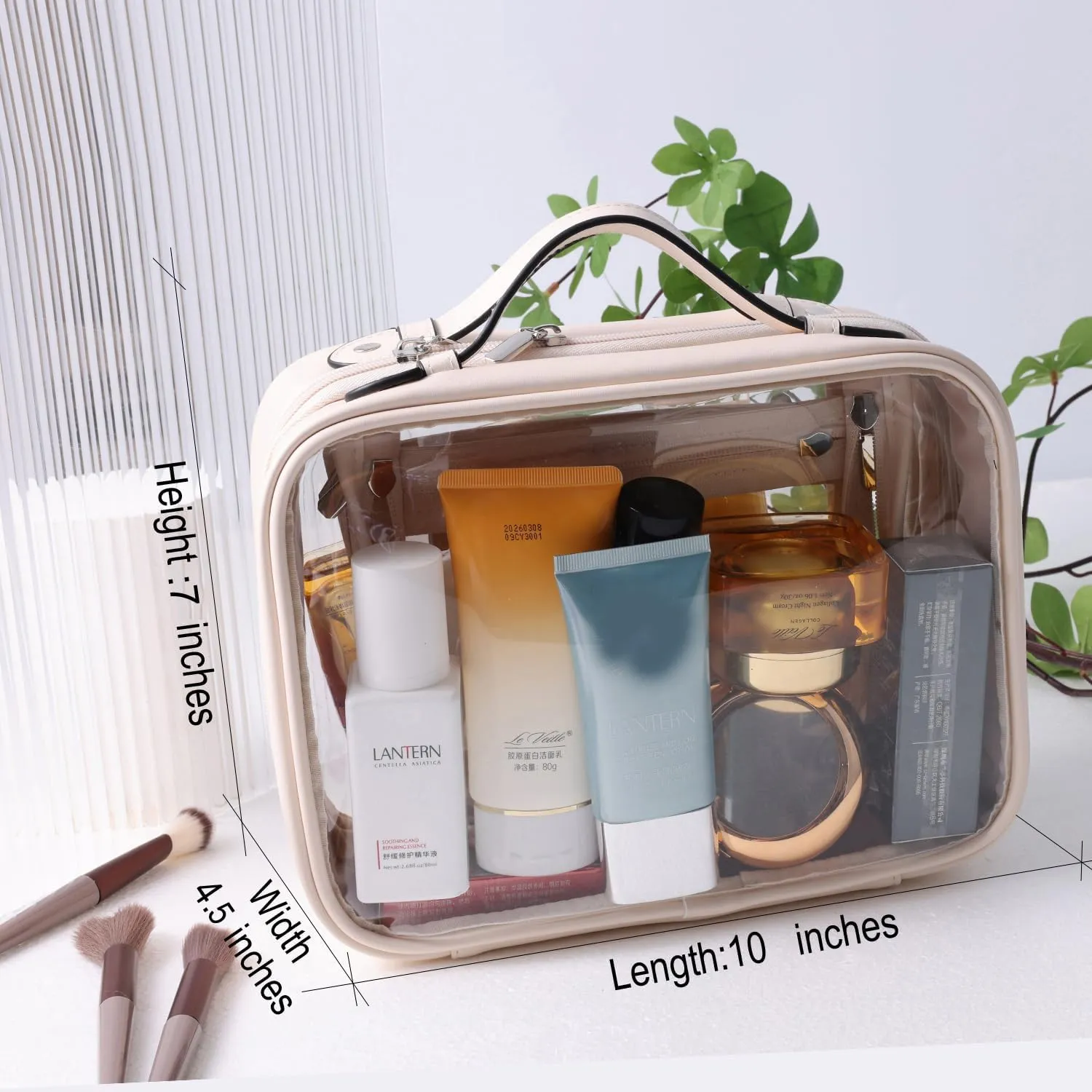 SANHECUN traveling toiletry Case large clear cosmetics case makeup bag Dimensions | LxWxH:10” x 4.5” x 8”(Beige, Medium)