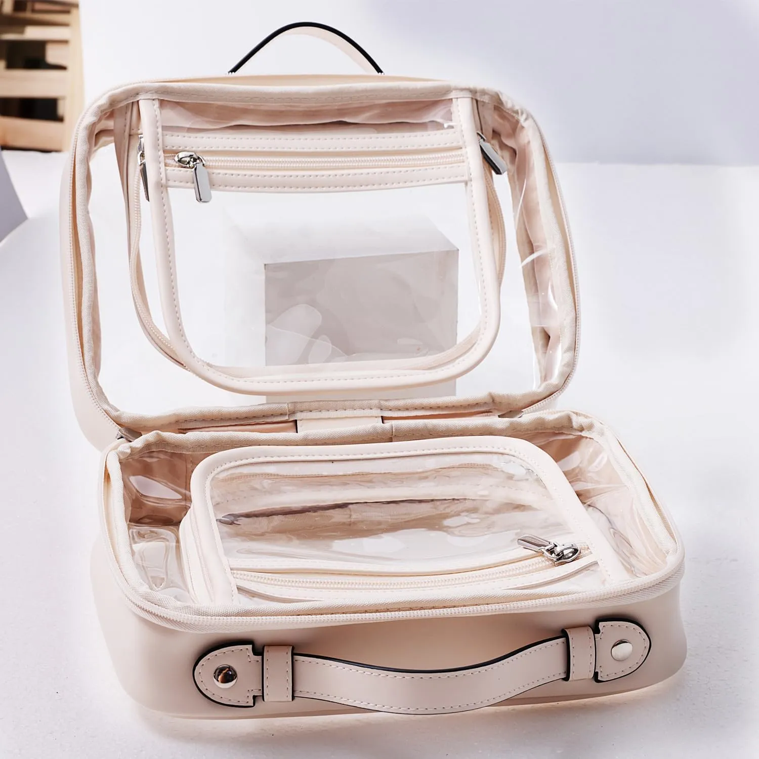 SANHECUN traveling toiletry Case large clear cosmetics case makeup bag Dimensions | LxWxH:10” x 4.5” x 8”(Beige, Medium)