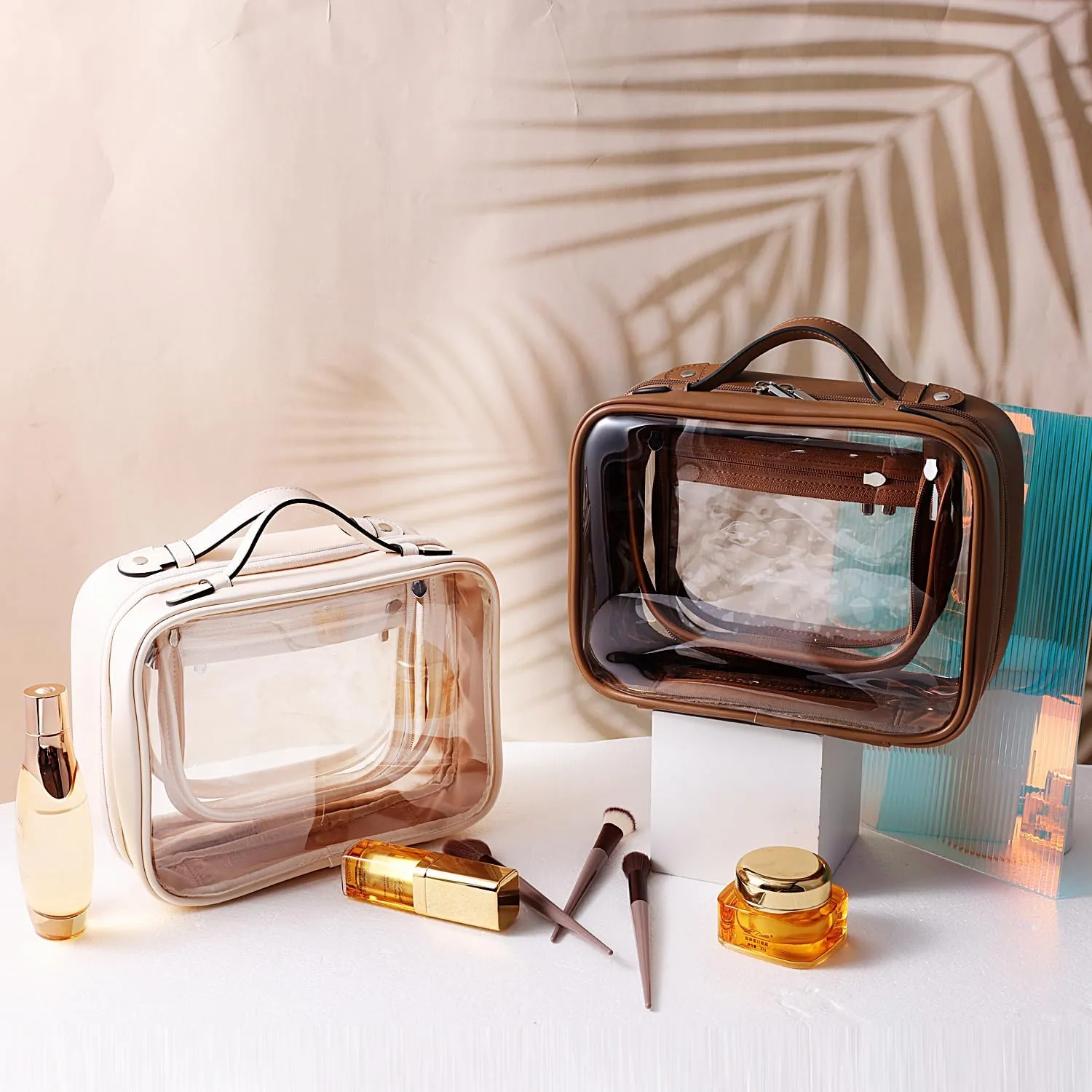 SANHECUN traveling toiletry Case large clear cosmetics case makeup bag Dimensions | LxWxH:10” x 4.5” x 8”(Beige, Medium)
