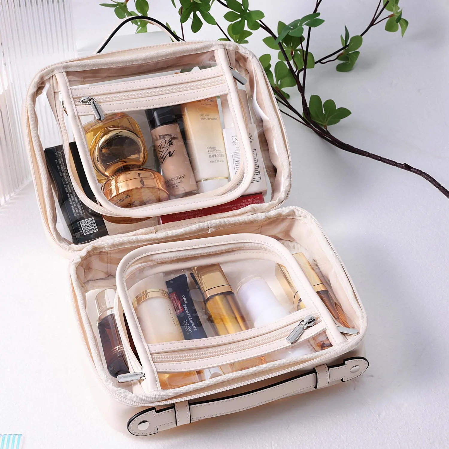 SANHECUN traveling toiletry Case large clear cosmetics case makeup bag Dimensions | LxWxH:10” x 4.5” x 8”(Beige, Medium)