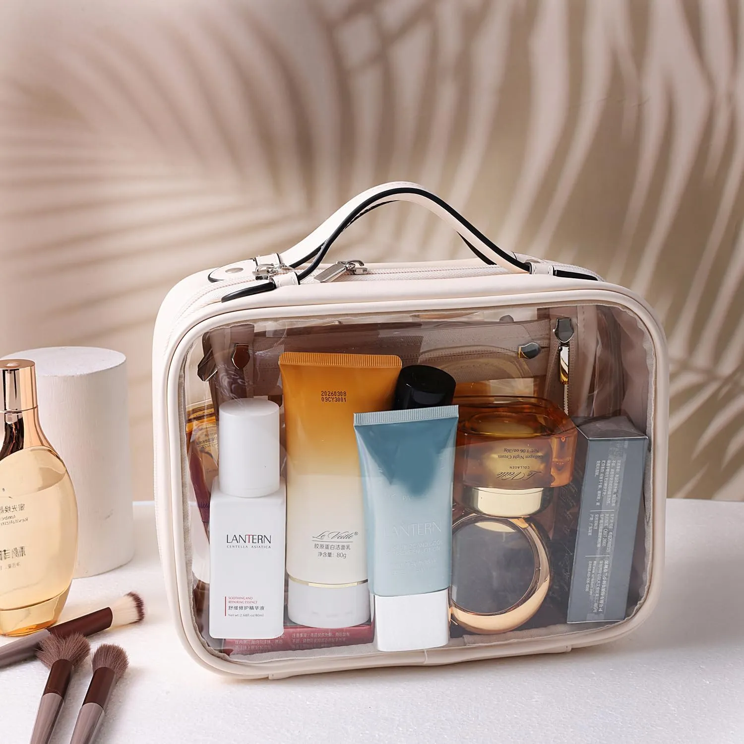 SANHECUN traveling toiletry Case large clear cosmetics case makeup bag Dimensions | LxWxH:10” x 4.5” x 8”(Beige, Medium)