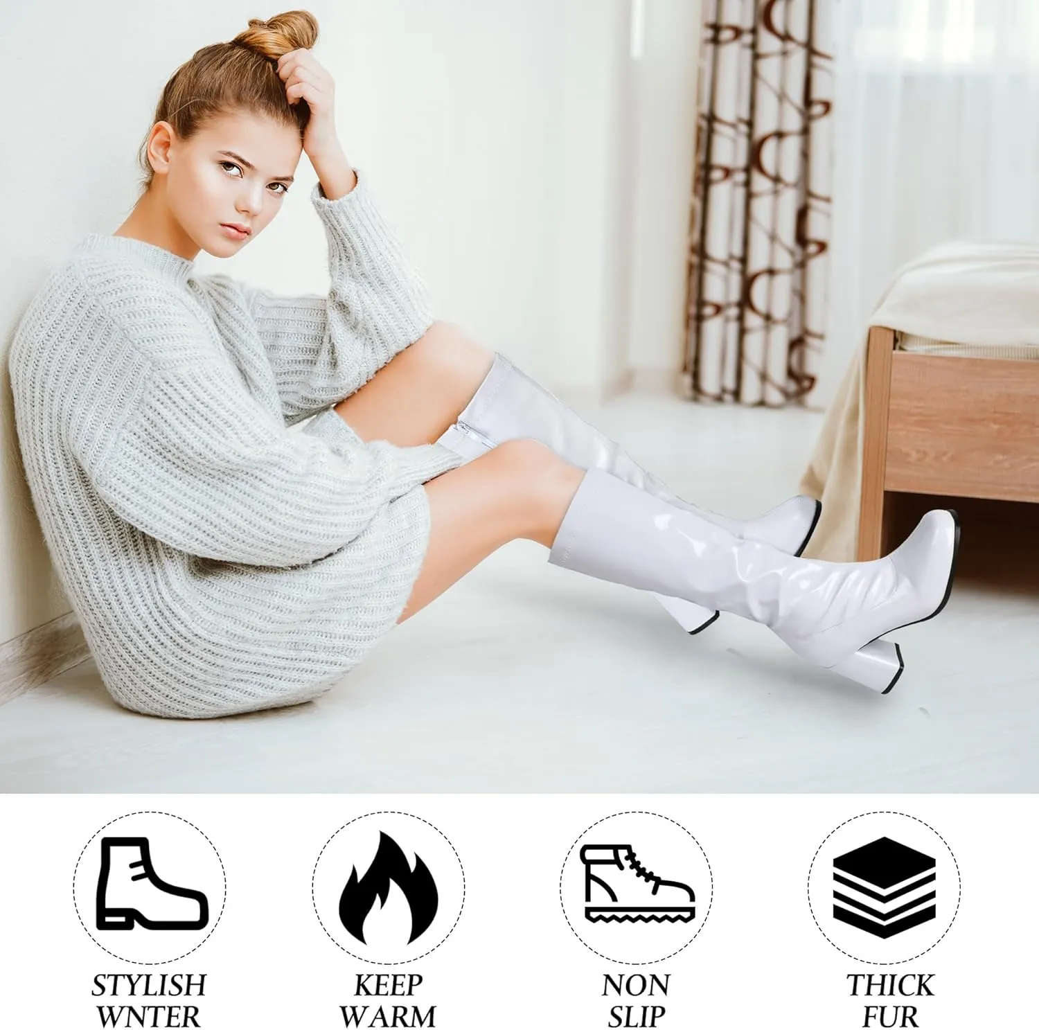 SATINIOR 60s 70s Women's Go Go Boots, Knee Block Heel Zipper Boot, Heel Knee High Boots for Cosplay, Disco, Evening Party