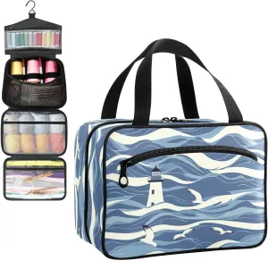 Sea Waves Seagull Lighthouse Travel Toiletry Bag, Hanging Toiletry Bag Portable with Zipper, Sewing Storage with 4 Compartment and Hook for women/men Travel/Daily Use