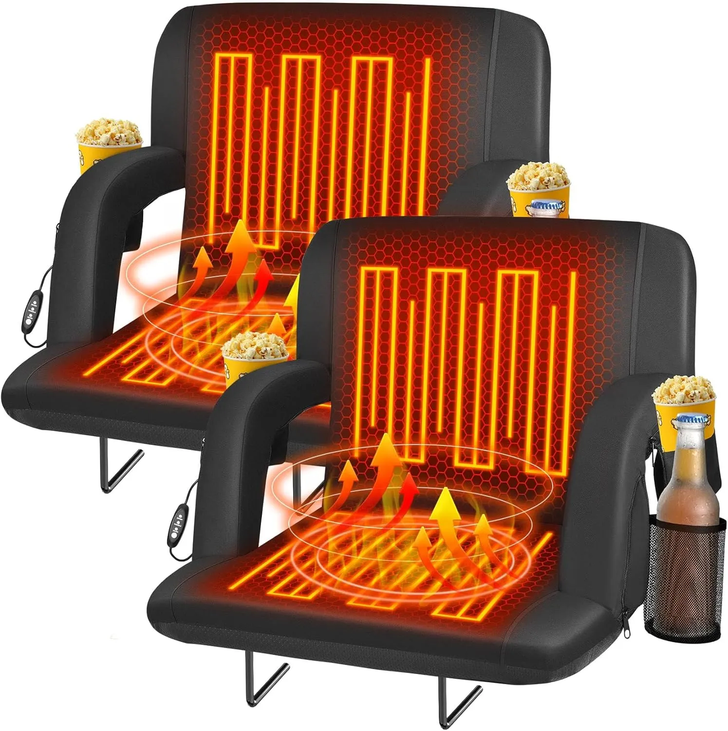 Seeutek 2pcs Heated Stadium Seats with Back Support and Wide Cushions for Bleachers, Portable Bleacher Chairs with Backrest, USB 3 Levels and 5 Pockets Foldable Stadium Chairs for Sports