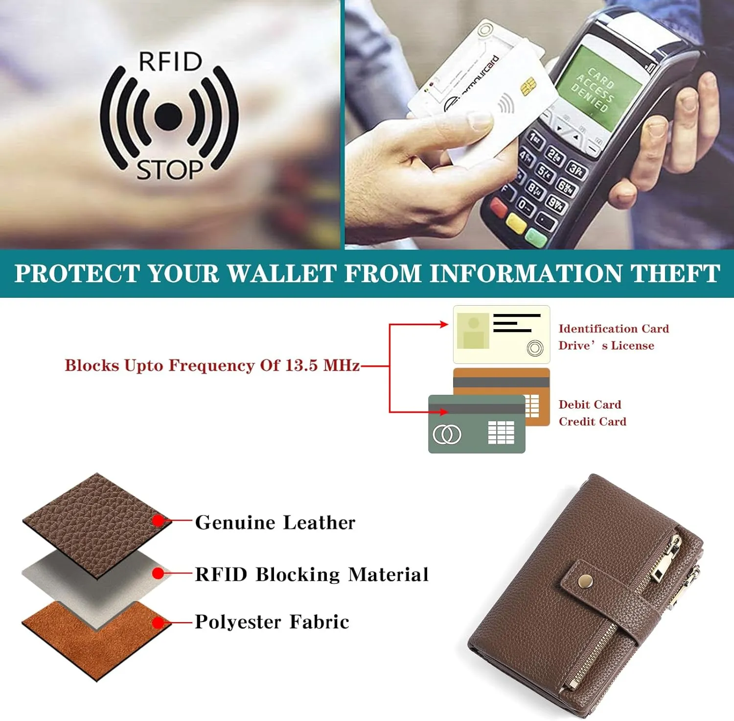SENDEFN Small Wallet for Women Leather RFID Blocking Wristlet Wallet Credit Card Holder with Double Zipper Coin Purse Ladies Bifold Purse