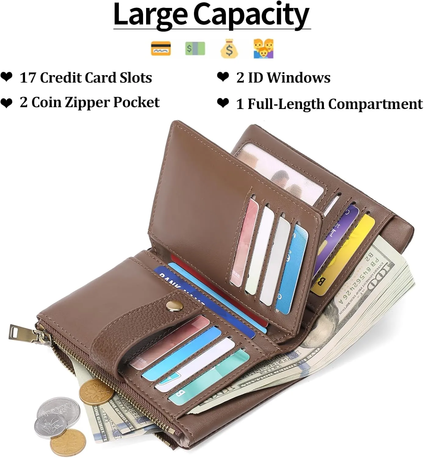 SENDEFN Small Wallet for Women Leather RFID Blocking Wristlet Wallet Credit Card Holder with Double Zipper Coin Purse Ladies Bifold Purse