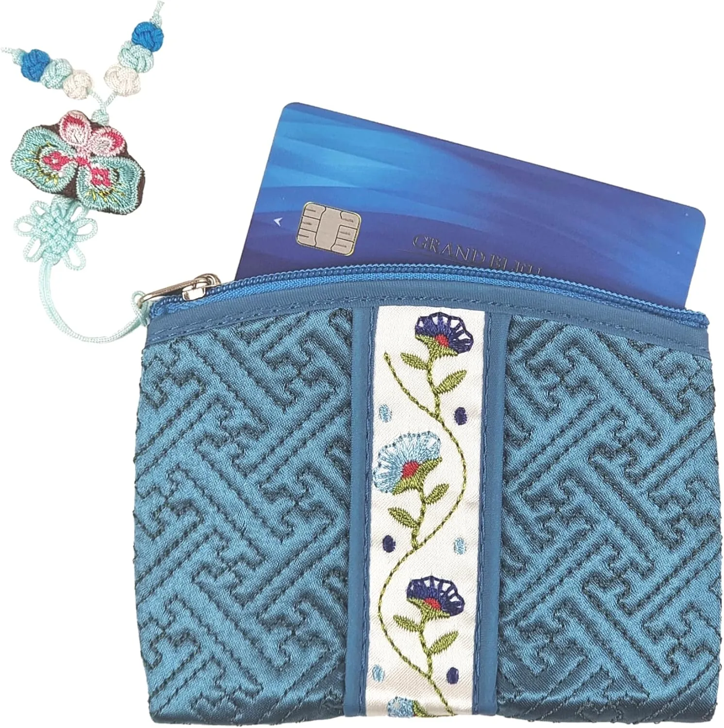 Seoulful Vintage Korean Embroidered Card Pouch - Wildflower Design Coin Purse with Butterfly Charm (Blue)